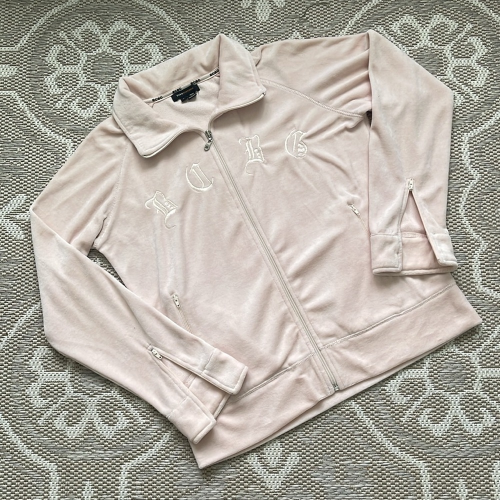 Y2K BCBG MaxAzria BCBG Old English Embroidered Pink Velour Track Jacket💖